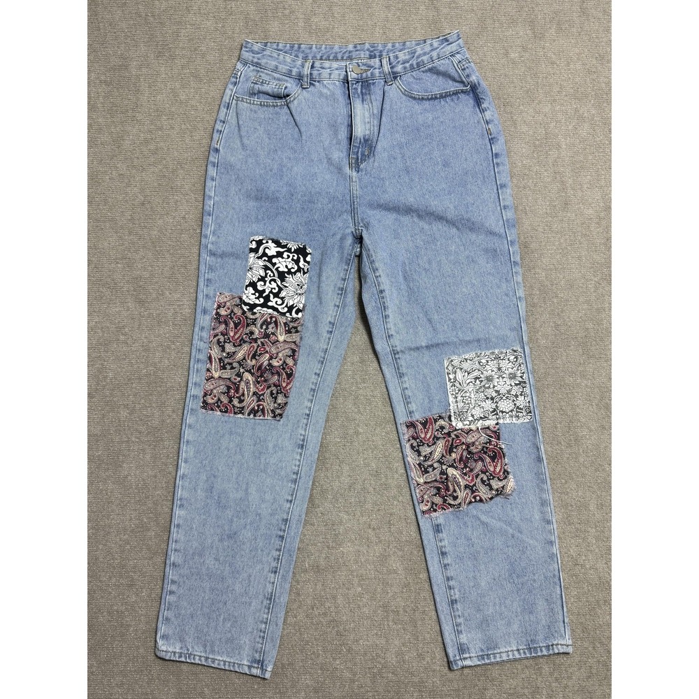 SHEIN Jeans Womens Large Blue Patchwork Straight Leg Paisley Floral Denim Pants